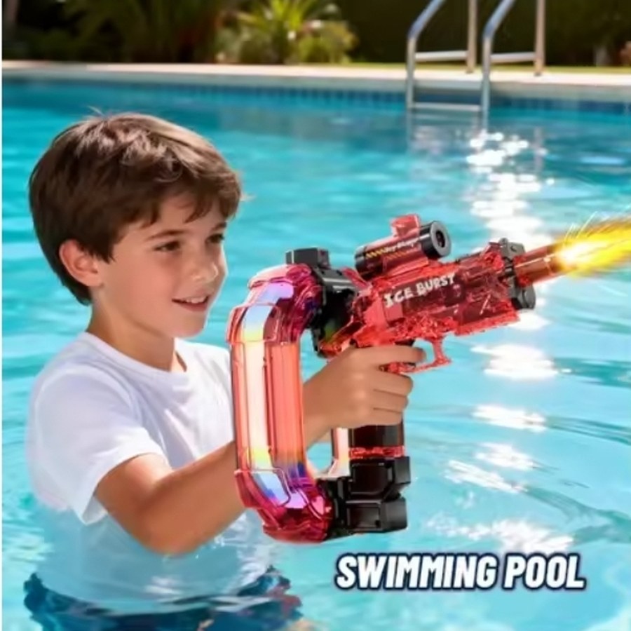 Kids enjoying swimming pool with a water blaster