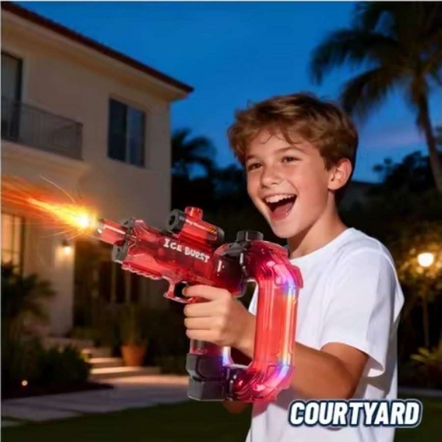Kids enjoying courtyard with a water blaster