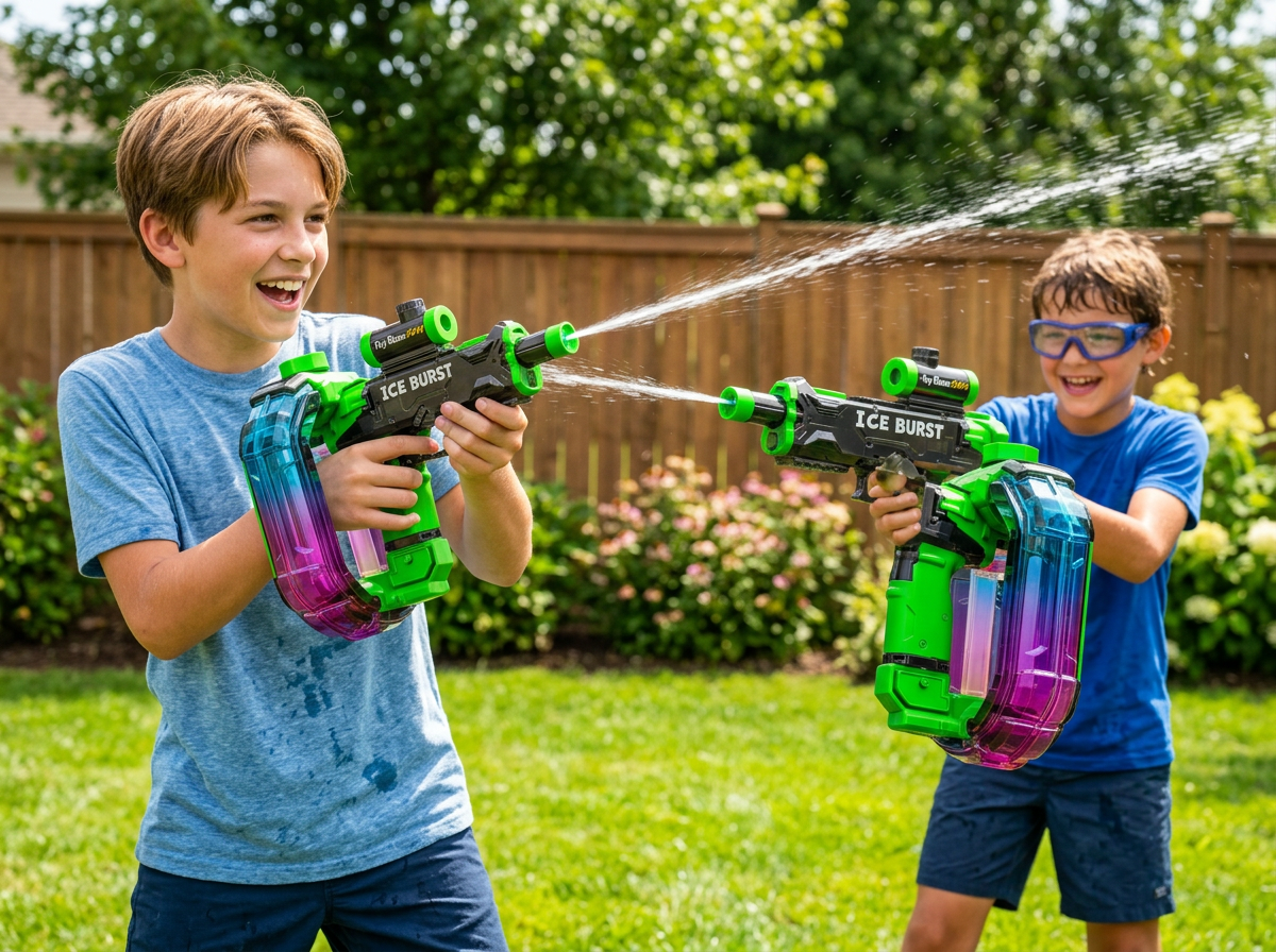 Kids enjoying backyard battles with a water blaster